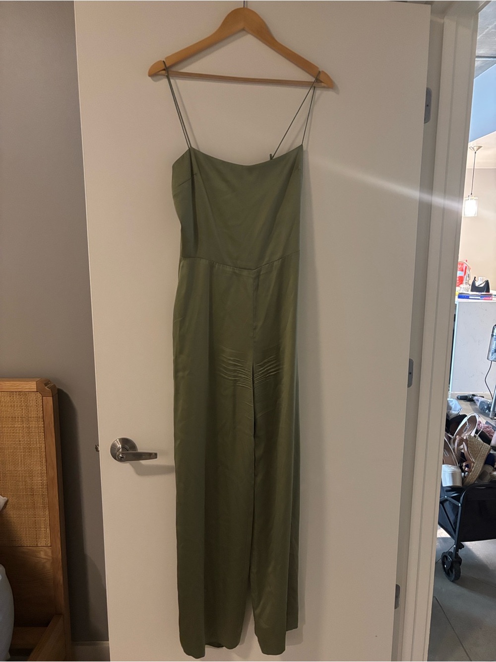 Reformation Olive Green Satin Jumpsuit